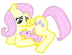 Size: 413x317 | Tagged: safe, artist:wilow, derpibooru import, fluttershy, pegasus, pony, caring, duo, female, fluttermom, foal, folded wings, image, jpeg, looking down, lying down, mare, mother and child, motherly, prone, simple background, smiling, white background, wings