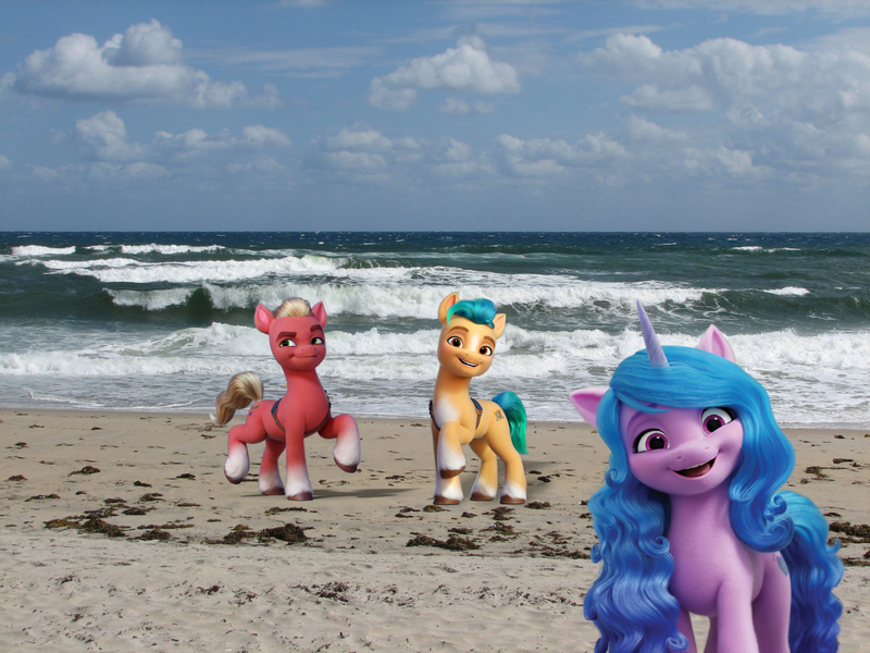 Size: 2048x1536 | Tagged: safe, artist:jaredking779, derpibooru import, edit, hitch trailblazer, izzy moonbow, sprout cloverleaf, earth pony, pony, unicorn, my little pony: a new generation, beach, female, florida, g5, image, irl, jpeg, male, mare, photo, ponies in real life, sand, stallion, stock vector, story included, trio, west palm beach