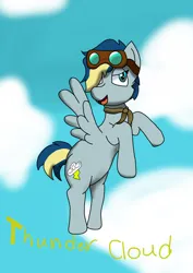 Size: 2480x3508 | Tagged: safe, artist:cookie dough, derpibooru import, oc, oc:thunder cloud, pegasus, bandana, flying, goggles, image, multicolored hair, png, solo