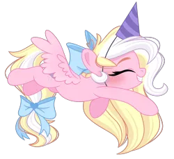 Size: 2732x2499 | Tagged: safe, alternate version, artist:emberslament, derpibooru import, oc, oc:bay breeze, pegasus, pony, bow, eyes closed, female, flying, hair bow, hat, image, mare, party hat, pegasus oc, png, simple background, solo, transparent background, wings