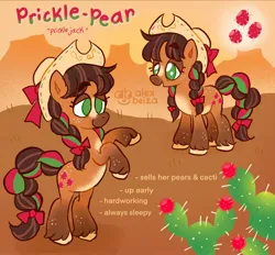 Size: 2048x1904 | Tagged: safe, artist:alexbeeza, derpibooru import, oc, oc:prickle pear, earth pony, pony, cactus, cowboy hat, earth pony oc, female, gradient hooves, hat, image, jpeg, mare, no pupils, open mouth, open smile, rearing, smiling, solo, text, unshorn fetlocks