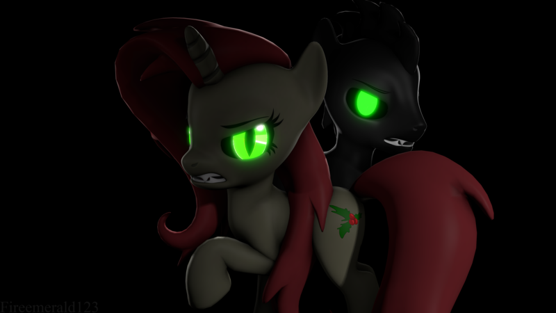 Size: 3840x2160 | Tagged: safe, artist:fireemerald123, derpibooru import, oc, oc:holly berry, oc:smokey, unofficial characters only, unicorn, 3d, black background, duo, glow, glowing eyes, image, png, sharp teeth, simple background, source filmmaker, teeth, void entity, watermark