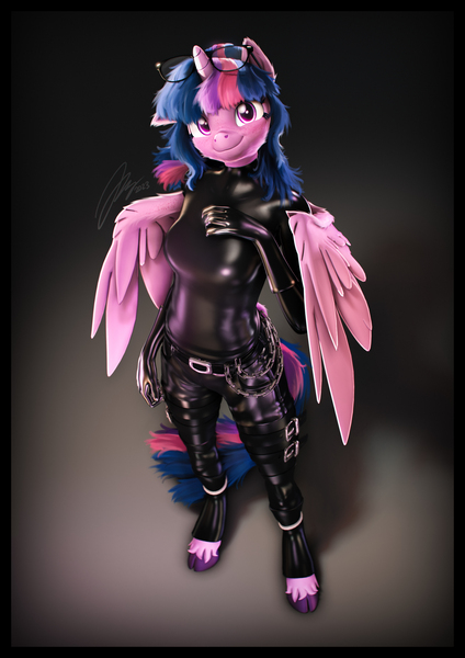 Size: 4000x5656 | Tagged: suggestive, artist:imafutureguitarhero, derpibooru import, sci-twi, twilight sparkle, twilight sparkle (alicorn), alicorn, anthro, classical unicorn, pony, unguligrade anthro, unicorn, 3d, absurd resolution, belt, belt buckle, boots, border, chains, cheek fluff, chromatic aberration, clothes, cloven hooves, cute, ear fluff, ear freckles, female, film grain, floppy ears, fluffy hair, fluffy mane, fluffy tail, freckles, glasses, glasses off, gloves, high angle, horn, image, jpeg, latex, latex boots, latex gloves, latex socks, latex suit, leg strap, leonine tail, looking at camera, looking at you, mare, nose wrinkle, one ear down, paintover, revamped anthros, revamped ponies, scitwilicorn, shadow, shoes, signature, skintight clothes, smiling, smiling at you, socks, solo, solo female, source filmmaker, tail, tail fluff, twiabetes, unshorn fetlocks, vertical, wall of tags, wing fluff, wing freckles, wings