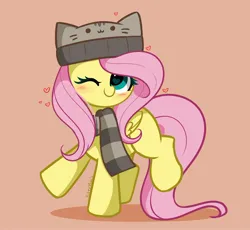 Size: 2048x1885 | Tagged: safe, artist:kittyrosie, derpibooru import, fluttershy, pegasus, pony, blushing, clothes, cream background, cute, female, floating heart, heart, image, jpeg, looking at you, mare, one eye closed, scarf, shyabetes, simple background, smiling, smiling at you, solo, striped scarf, wingding eyes, wink, winking at you