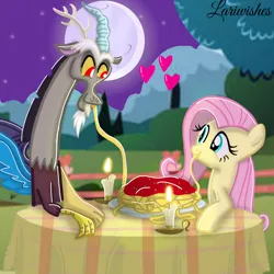 Size: 1300x1300 | Tagged: safe, artist:mlplary6, derpibooru import, discord, fluttershy, draconequus, pegasus, pony, candle, discoshy, eating, female, food, heart, image, looking at each other, looking at someone, male, mare, moon, pasta, png, shipping, spaghetti, straight