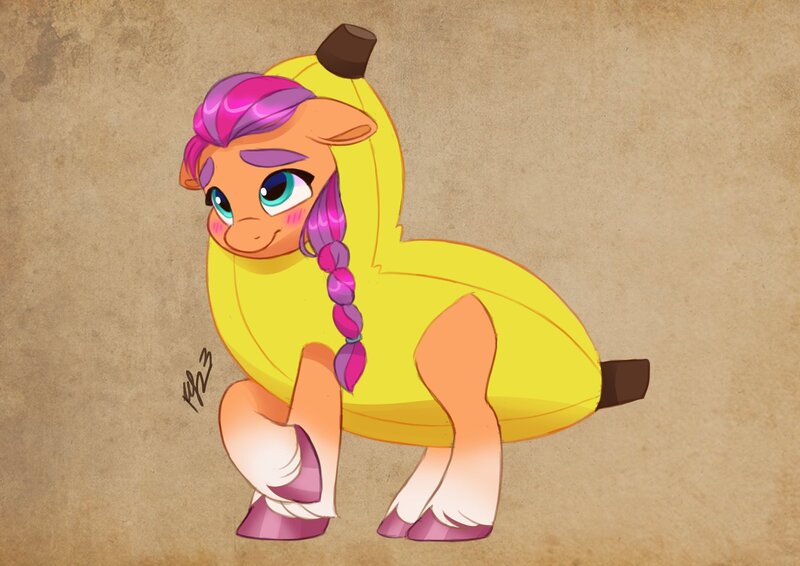 Size: 2048x1448 | Tagged: safe, artist:artharuhi, derpibooru import, sunny starscout, earth pony, pony, my little pony: tell your tale, spoiler:g5, spoiler:my little pony: tell your tale, spoiler:tyts01e21, banana, banana costume, clothes, costume, food, food costume, g5, image, jpeg, my bananas