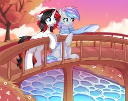 Size: 1222x970 | Tagged: safe, artist:kadzumiisayu, derpibooru import, oc, oc:dreamyway skies, oc:starforce fireline, unofficial characters only, bat pony, pony, unicorn, autumn, bat pony oc, bat wings, bipedal, bridge, chest fluff, clothes, cloud, ear fluff, ear tufts, eyelashes, fangs, female, flower, happy, horn, image, looking at something, mare, nature, oc x oc, open mouth, open smile, outdoors, png, relaxing, river, scarf, shipping, sitting, sky, smiling, sparkles, standing, tree, unicorn oc, water, wings