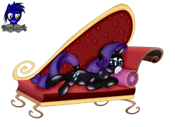 Size: 4154x3000 | Tagged: safe, artist:damlanil, derpibooru import, rarity, pony, unicorn, bodysuit, clothes, collar, couch, cute, eyeshadow, fainting couch, female, horn, image, latex, latex suit, looking at you, lying down, makeup, mare, pillow, png, raribetes, rubber, shiny, show accurate, simple background, smiling, solo, suit, transparent background, underhoof, vector