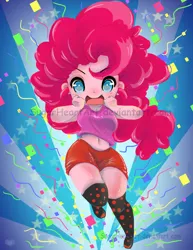 Size: 600x777 | Tagged: safe, artist:sugarheartart, derpibooru import, pinkie pie, human, anime, belly button, clothes, confetti, female, hands on cheeks, humanized, image, jpeg, looking at you, midriff, obtrusive watermark, shorts, solo, watermark, wide hips