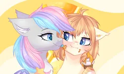 Size: 1493x897 | Tagged: safe, artist:kadzumiisayu, derpibooru import, oc, oc:dreamyway skies, oc:honey milk, unofficial characters only, bat pony, pony, abstract background, background, bat pony oc, bat wings, blushing, bust, cupcake, cute, ear fluff, ear tufts, eyebrows, eyelashes, fangs, female, food, honey, image, licking, mare, ocbetes, png, portrait, sparkles, tongue out, wings