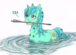 Size: 892x642 | Tagged: safe, artist:adeptus-monitus, derpibooru import, lyra heartstrings, pony, unicorn, arrow, behaving like a frog, burdock, burrs, cyrillic, image, jpeg, mouth hold, russian, russian literature, simple background, solo, the frog princess, water, white background