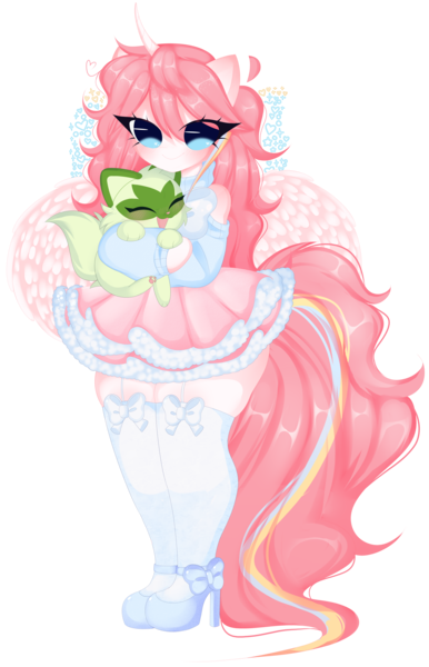 Size: 4884x7601 | Tagged: safe, artist:franshushu, derpibooru import, oc, oc:nekonin, alicorn, anthro, cat, :3, adorable face, clothes, cute, dress, gift art, image, male, png, pokémon, socks, solo, sprigatito, stocking feet, stockings, thicc thighs, thigh highs