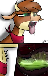 Size: 5778x9226 | Tagged: suggestive, artist:teropone, derpibooru import, oc, oc:tero, cow, earth pony, them's fightin' herds, arizona (tfh), community related, digestion, drool, earth pony oc, fatal vore, female, female pred, giantess, image, imminent death, macro, macro/micro, micro, open mouth, png, slimy, stomach, stomach acid, throat, throat bulge, tongue out, unwilling prey, unwilling vore, vore