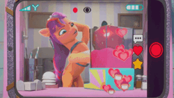 Size: 520x293 | Tagged: safe, derpibooru import, screencap, sunny starscout, earth pony, pony, my little pony: make your mark, my little pony: make your mark chapter 2, animated, blender (object), coat markings, cute, emoji, falling, female, food, funny, g5, giant food, giant produce, gif, image, implied pipp petals, izzy does it, karate chop, livestream, mare, offscreen character, recording, socks (coat marking), strawberry, sunnybetes
