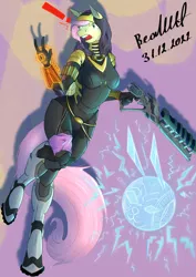 Size: 694x982 | Tagged: safe, artist:artsybeowulf, derpibooru import, fluttershy, anthro, unguligrade anthro, armor, bodysuit, clothes, gun, image, mass effect, png, rifle, solo, tali'zorah vas normandy, weapon