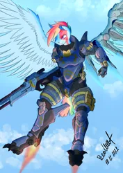 Size: 992x1403 | Tagged: safe, artist:artsybeowulf, derpibooru import, rainbow dash, anthro, pegasus, amputee, armor, artificial wings, augmented, crossover, gun, image, mass effect, png, prosthetic limb, prosthetic wing, prosthetics, rifle, scar, solo, spread wings, torn ear, weapon, wings