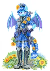 Size: 1766x2500 | Tagged: safe, artist:maytee, derpibooru import, oc, oc:specter ace, unofficial characters only, anthro, bat pony, bat pony oc, bat wings, beret, body armor, boots, braid, braided tail, clothes, cute, flower, flower in hair, freckles, garden, gloves, gun, hat, image, night guard, png, shoes, simple background, solo, tail, traditional art, uniform, weapon, white background, wings