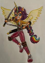 Size: 2193x3030 | Tagged: safe, artist:bozzerkazooers, derpibooru import, sunny starscout, human, equestria girls, artificial horn, artificial wings, augmented, dagger, equestria girls-ified, female, g5, g5 to equestria girls, generation leap, high res, horn, image, jpeg, magic, magic horn, magic wings, ponied up, solo, tanto, traditional art, weapon, wings