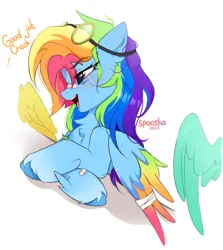 Size: 2300x2580 | Tagged: safe, artist:spoosha, derpibooru import, rainbow dash, pegasus, pony, bandage, bandaged wing, goggles, goggles on head, image, implied spitfire, implied zephyr breeze, open mouth, png, rainbow crash, simple background, white background, wings
