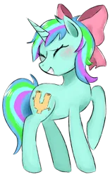 Size: 984x1572 | Tagged: safe, artist:metaruscarlet, derpibooru import, oc, oc:coral glitter, unofficial characters only, pony, unicorn, derpibooru community collaboration, 2023 community collab, blushing, bow, cute, eyes closed, female, grin, hair bow, image, mare, multicolored hair, png, raised hoof, simple background, smiling, solo, transparent background