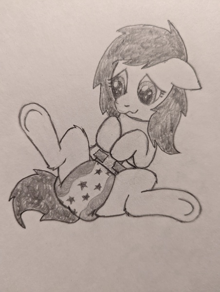 Size: 3072x4080 | Tagged: questionable, artist:craftycirclepony, derpibooru import, oc, oc:anonfilly, pony, diaper, diaper fetish, embarrassed, female, fetish, filly, image, jpeg, non-baby in diaper, raised leg, sitting, solo, spread legs, spreading, wavy mouth