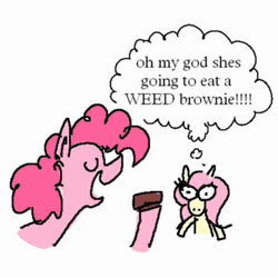 Size: 720x720 | Tagged: safe, artist:punkittdev, derpibooru import, fluttershy, pinkie pie, earth pony, pegasus, pony, animated, brownie, comic, dialogue, drug use, drugs, duo, eating, female, flutterhigh, high, image, mare, marijuana, speech bubble, thought bubble, toy, vulgar, webm