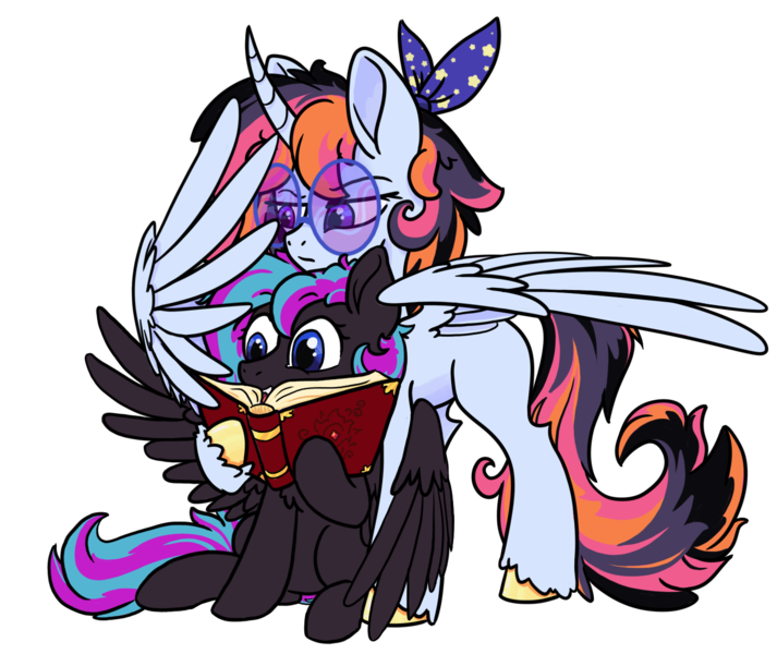 Size: 1450x1220 | Tagged: safe, artist:swishyfishy4308, derpibooru import, oc, oc:1friendlyalicorn, oc:moony, alicorn, pegasus, pony, derpibooru community collaboration, 2023 community collab, alicorn oc, duo, horn, image, pegasus oc, png, simple background, transparent background, wings