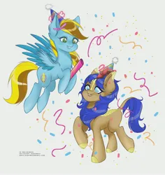 Size: 3500x3700 | Tagged: safe, artist:sushimeko, derpibooru import, oc, oc:cobalt flame, oc:lucky bolt, unofficial characters only, kirin, pegasus, pony, 2023, confetti, female, flying, happy new year, hat, holiday, image, jpeg, male, party, party hat, party popper