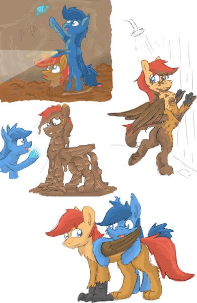 Size: 1280x1965 | Tagged: safe, artist:pzkratzer, derpibooru import, oc, oc:ponygriff, unofficial characters only, griffling, hippogriff, hybrid, original species, butt, cave, covered in mud, diamond, female, flashlight (object), hippogriff oc, hug, image, male, mud, mud bath, plot, png, ponygriff, quicksand, shipping, shower, sinking, straight