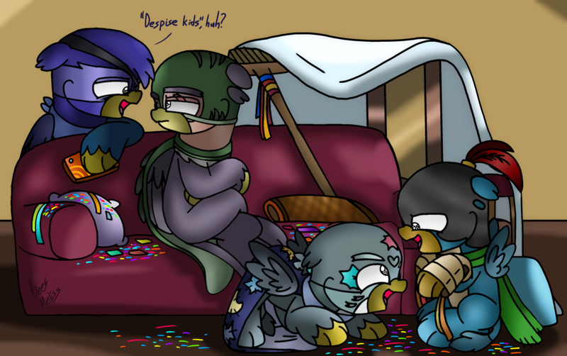 Size: 4096x2571 | Tagged: safe, artist:beesmeliss, derpibooru import, gabby, gallus, grampa gruff, oc, oc:gonsodolt, gryphon, chibi, chickub, image, png