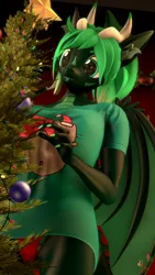 Size: 2160x3840 | Tagged: safe, artist:donglysfm, derpibooru import, oc, oc:emerald dusk, anthro, dracony, dragon, hybrid, art pack:winter wonderland 2022, 3d, anthro oc, behaving like a cat, christmas, christmas tree, clothes, dilated pupils, ear fluff, high res, holiday, image, pajamas, png, revamped anthros, shirt, solo, source filmmaker, this will end in tears, tongue out, tree