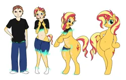 Size: 2396x1537 | Tagged: safe, artist:redpaladin, derpibooru import, sunset shimmer, human, pony, belly, belly button, bipedal, blushing, butt, clothes, cutie mark, hips, human to pony, image, male to female, png, rule 63, sequence, transformation, transgender transformation