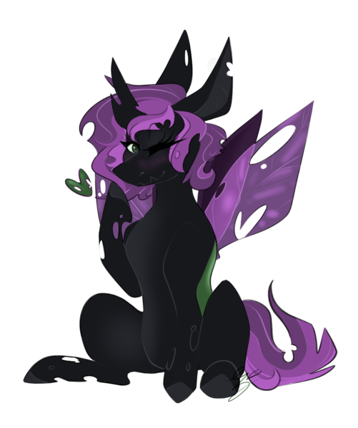 Size: 2181x2614 | Tagged: safe, artist:ezzerie, derpibooru import, oc, oc:nadalia, unofficial characters only, changeling, insect, blowing a kiss, commission, horn, image, one eye closed, png, present, sitting, solo, wings, wink