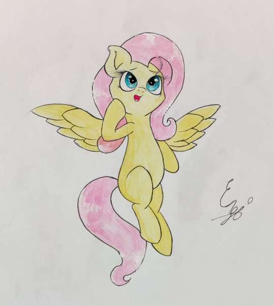 Size: 1515x1688 | Tagged: safe, artist:engi, derpibooru import, fluttershy, pegasus, pony, female, image, jpeg, open mouth, simple background, solo, spread wings, traditional art, wings