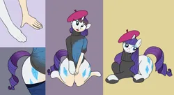 Size: 2599x1418 | Tagged: safe, artist:redpaladin, derpibooru import, rarity, human, pony, unicorn, beatnik rarity, beret, butt, clothes, comic, cutie mark, fashion, hat, hips, human to pony, image, male to female, png, rule 63, sequence, sweater, transformation, transgender transformation
