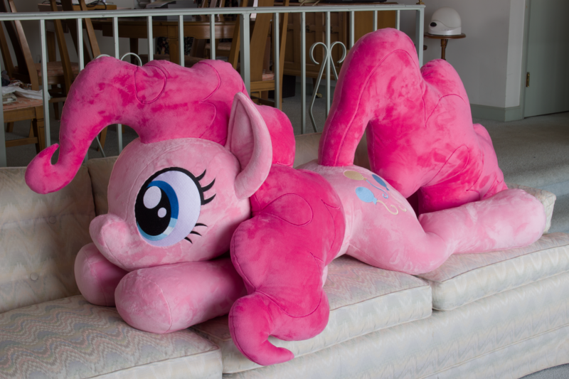 Size: 5184x3456 | Tagged: safe, artist:azgchip, derpibooru import, pinkie pie, earth pony, pony, commission, couch, cute, female, image, irl, life size, lying down, mare, photo, plushie, png, prone, solo, sploot