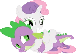 Size: 3508x2492 | Tagged: safe, artist:porygon2z, derpibooru import, spike, sweetie belle, dragon, pony, unicorn, cuddling, cute, daaaaaaaaaaaw, diasweetes, duo, female, filly, foal, happy, hnnng, hug, image, male, png, shipping, simple background, smiling, spikabetes, spikebelle, straight, transparent background, vector