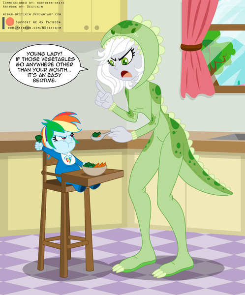 Size: 3457x4167 | Tagged: safe, artist:niban-destikim, derpibooru import, rainbow dash, oc, oc:fossil fluster, equestria girls, babysitting, bib, broccoli, carrot, chair, clothes, costume, equestria girls-ified, feeding, food, highchair, image, jpeg, kigurumi, toddler, veggietales