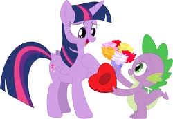 Size: 3534x2444 | Tagged: safe, artist:porygon2z, derpibooru import, spike, twilight sparkle, twilight sparkle (alicorn), alicorn, dragon, pony, cute, duo, female, flower, hearts and hooves day, heartwarming, holiday, image, male, png, shipping, shipping fuel, simple background, spikabetes, straight, transparent background, twispike, valentine's day, vector
