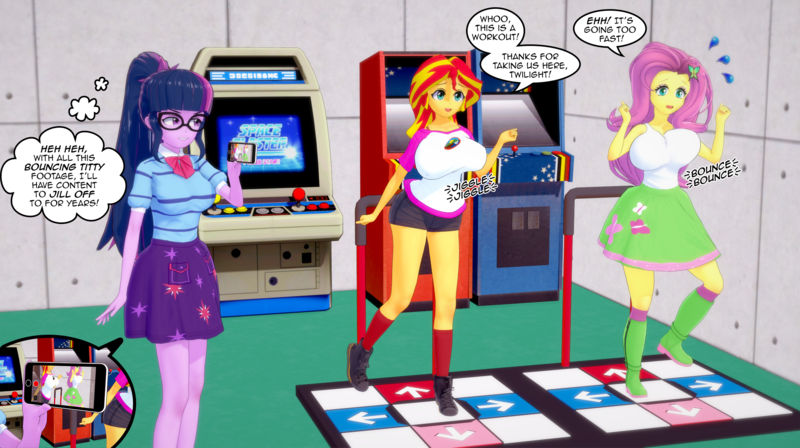 Size: 2544x1424 | Tagged: questionable, artist:misunderstoodsecrets, derpibooru import, fluttershy, sci-twi, sunset shimmer, twilight sparkle, equestria girls, 3d, arcade, bouncing, bouncing breasts, breasts, busty fluttershy, busty sunset shimmer, dance dance revolution, image, koikatsu, pervert, png