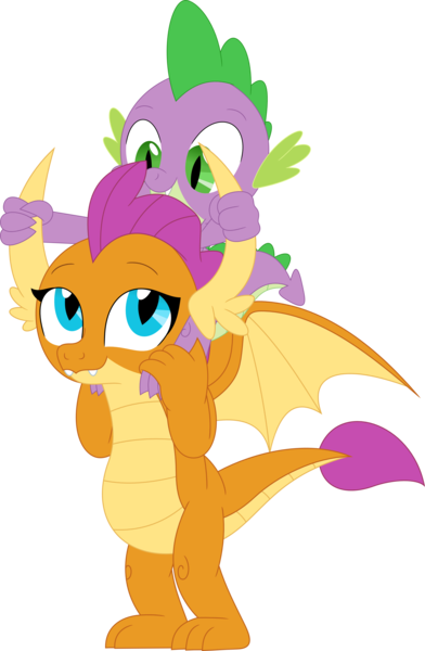 Size: 2336x3571 | Tagged: safe, artist:porygon2z, derpibooru import, smolder, spike, dragon, cute, dragoness, dragons riding dragons, duo, female, horns, image, looking at each other, looking at someone, png, riding, simple background, smolderbetes, spikabetes, spike riding smolder, spread wings, transparent background, vector, wings