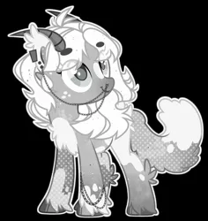 Size: 1264x1340 | Tagged: safe, artist:kreedie, derpibooru import, oc, unofficial characters only, pony, base used, black background, chest fluff, female, horns, image, jpeg, looking at something, mare, nose piercing, piercing, simple background, smiling, solo