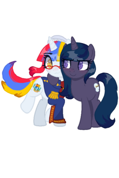 Size: 800x1200 | Tagged: safe, artist:thatonenicekitty, derpibooru import, oc, oc:arepita, oc:n0kkun, unofficial characters only, pony, unicorn, derpibooru community collaboration, 2023 community collab, clothes, coat, commission, duo, female, glasses, hat, hug, image, looking at each other, looking at someone, mare, multicolored hair, png, raised hoof, raised leg, shirt, simple background, suit, transparent background, venezuela