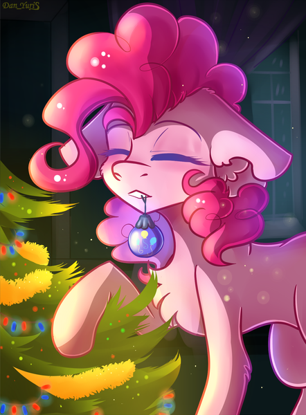 Size: 1370x1859 | Tagged: safe, alternate version, artist:yuris, derpibooru import, pinkie pie, earth pony, pony, christmas, christmas tree, eyes closed, female, floppy ears, garland, happy new year, holiday, image, new year, night, png, room, smiling, solo, tree