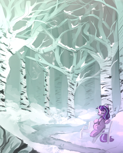 Size: 1476x1837 | Tagged: safe, artist:beardie, derpibooru import, starlight glimmer, background, background focus, forest, image, png, snow, tree