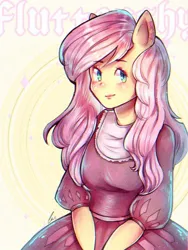 Size: 768x1024 | Tagged: safe, artist:littlexdemon, derpibooru import, fluttershy, anthro, pegasus, clothes, dress, female, human facial structure, image, jpeg, name, smiling, solo