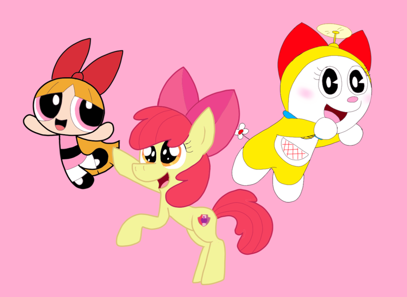 Size: 1280x934 | Tagged: safe, artist:foxxncorno, derpibooru import, apple bloom, earth pony, pony, blossom (powerpuff girls), bow, doraemon, dorami, female, filly, foal, image, pink background, png, simple background, the powerpuff girls