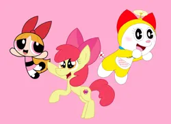Size: 1280x934 | Tagged: safe, artist:foxxncorno, derpibooru import, apple bloom, earth pony, pony, blossom (powerpuff girls), bow, doraemon, dorami, female, filly, foal, image, pink background, png, simple background, the powerpuff girls