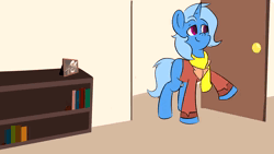 Size: 1280x720 | Tagged: safe, artist:cheebsvo, artist:emiitte, artist:punkittdev, artist:skylinepony_, derpibooru import, trixie, oc, oc:lemon trisket, earth pony, pony, unicorn, animated, bipedal, book, clothes, coat, coat rack, comic, curved horn, dialogue, dot eyes, earth pony oc, embarrassed, eye contact, eyes closed, facial hair, female, grin, horn, horsecomix, image, implied lesbian, interview, jacket, lidded eyes, looking at each other, looking at someone, magic, male, mare, moustache, necktie, nervous, nervous grin, onomatopoeia, open mouth, open smile, paper, realization, scarf, shirt, smiling, stallion, suit, sweater, t pose, telekinesis, vulgar, webm