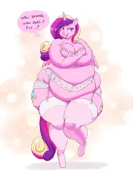 Size: 2210x2948 | Tagged: suggestive, artist:sirmasterdufel, derpibooru import, princess cadance, alicorn, anthro, bbw, belly, big belly, bridal lingerie, clothes, dialogue, fat, image, implied shining armor, jpeg, lingerie, obese, princess decadence, thighs, thunder thighs